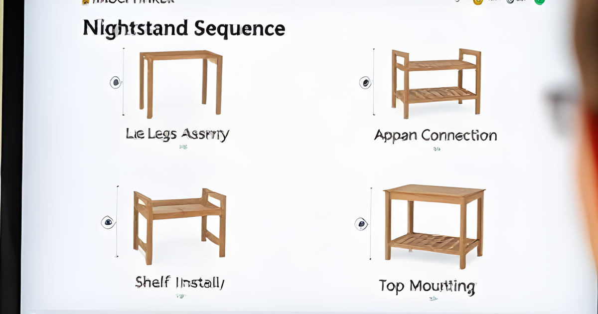 A TimberTinker screen showing the step-by-step assembly sequence for building a nightstand frame with visual markers for each stage